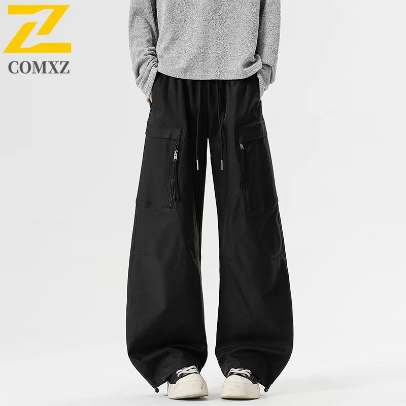 COMXZ 2025 Autumn New Unisex American Cargo Bending knife pants Multi-Pocket Streetwear Hong Kong Trendy Loose Casual Trousers