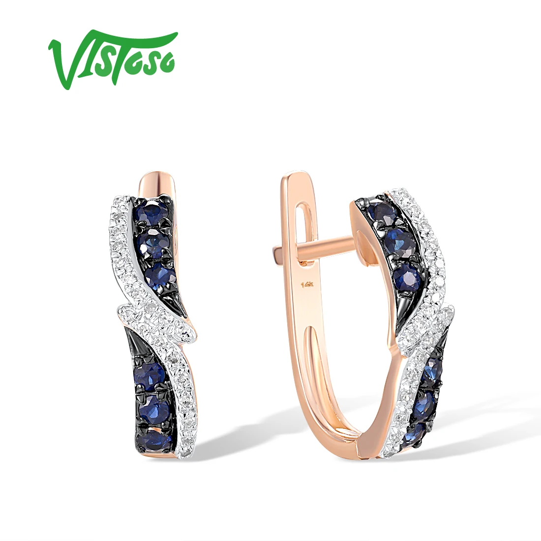 VISTOSO Genuine 14K 585 Rose Gold Latch Back Earrings For Women Blue Sapphire Diamond Classic Wedding Fine Fashion Jewelry