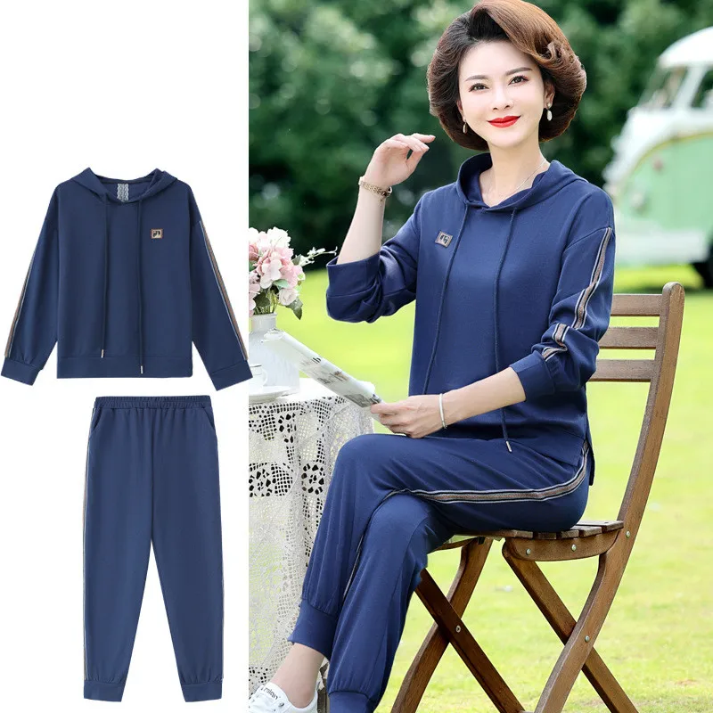 

New Hoodies Long-Sleeved Two Piece Sets Womens Outifits Fashion Spring Autumn Middle-Aged Mother Sportswear Suit XL-5XL