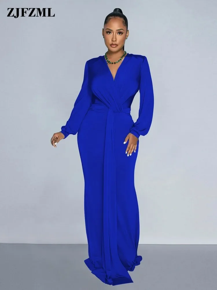 

Elegant Solid V Neck Cocktail Maxi Prom Vestidos for Ladies Evening Party Gown Full Sleeve Package Hip Ruched Bandage Dresses