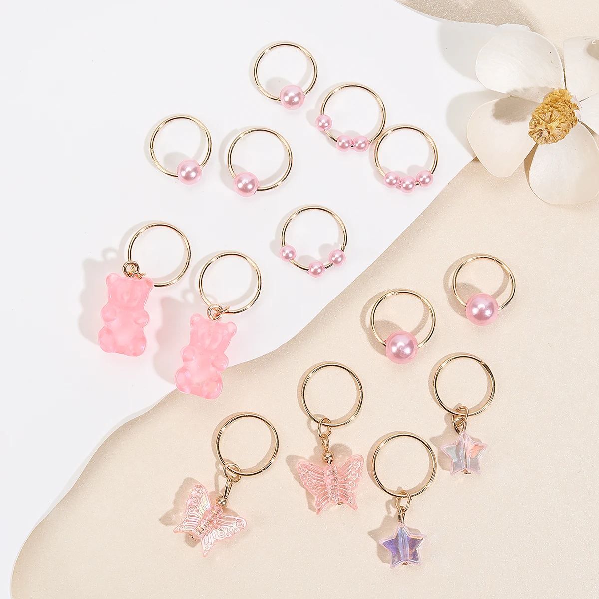 14 teile/paket rosa Perle Stern Bär und Schmetterling Form Haar Zopf Ringe Haar gummis Kinder Haarschmuck für Mädchen Kopf bedeckung – Detail 6