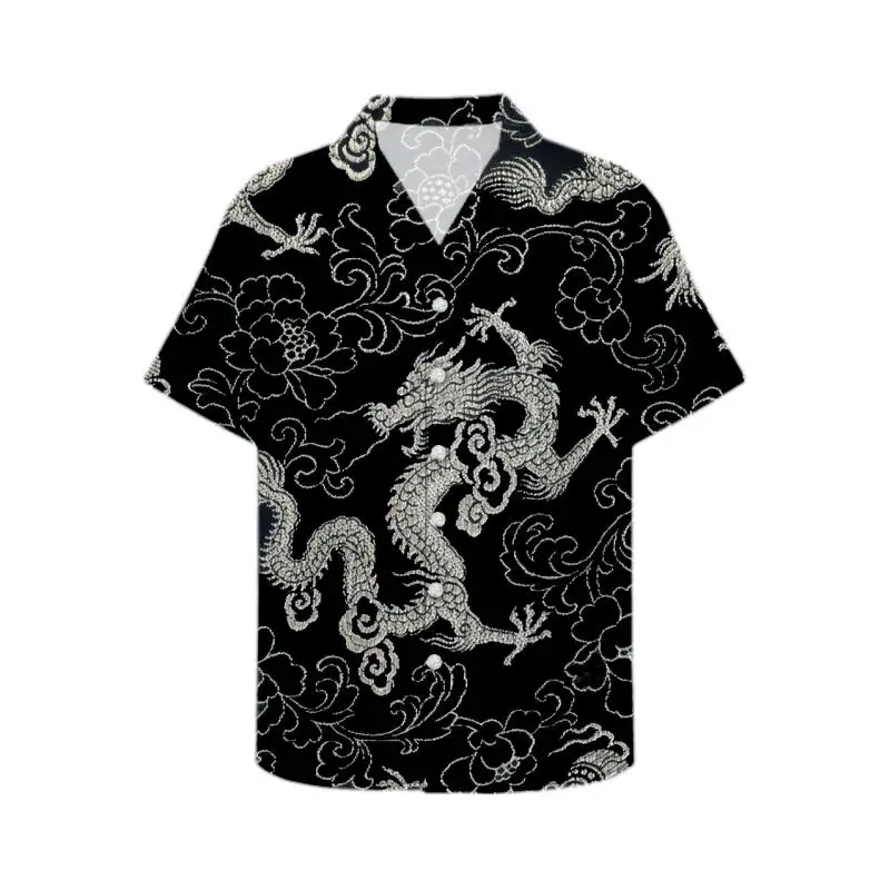 Chemise Homme Manches Courtes Avec Motif Dragon Chinois - Léger Et Respirant, Col Boutonné - Style Décontracté
