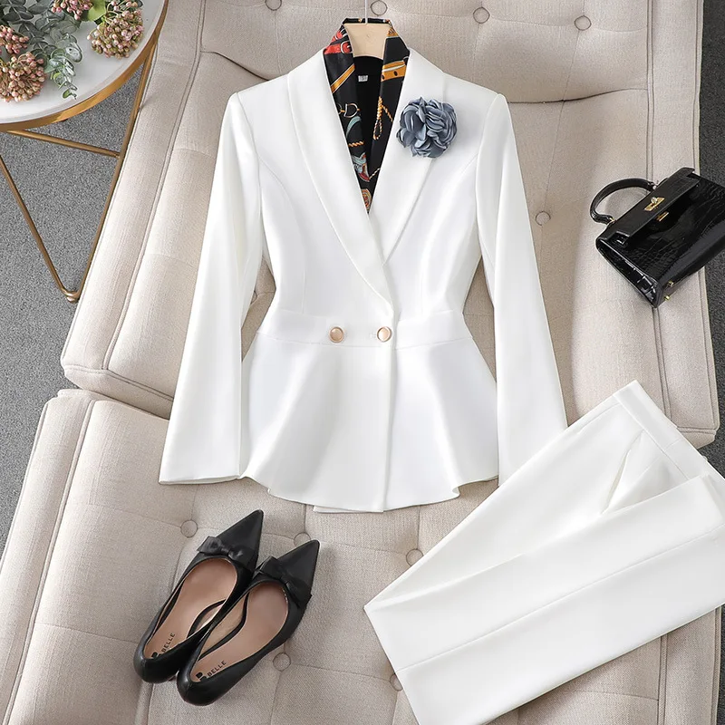 

ZJYT Business Chic Office Lady Blazer Suit Pant Sets 2 Piece for Women 2024 Spring White Outfit Plus Size Jacket Trousers Set