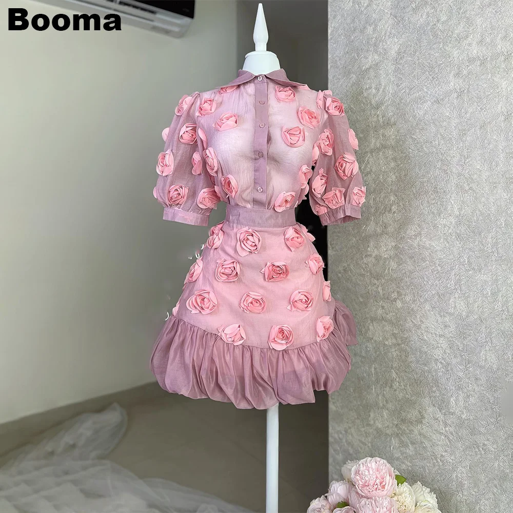 

Booma Розовые Коктейльные Платья Русалочки Высокие Короткие Рукава 3D Цветы Мини Платья Выпускного Вечера День Рождения Платья для Женщин 2023 Наряды