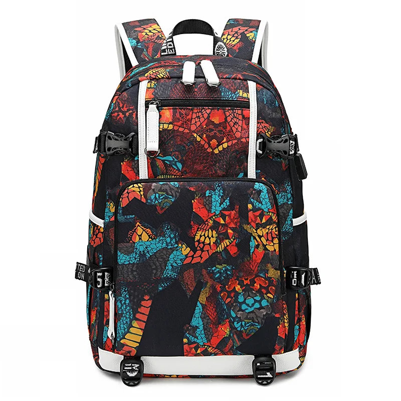 Large Geometric-Print School Backpack for Teen Boys Laptop Bookbag with USB Charging Port Kids Back Pack for Middle School Bags