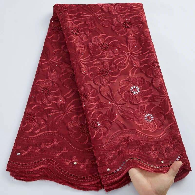 

Wine Red Embroidery African Lace Fabric With Stones 2022 High Quality Swiss Voile Lace Fabric In Switzerland For Sewing 2837A
