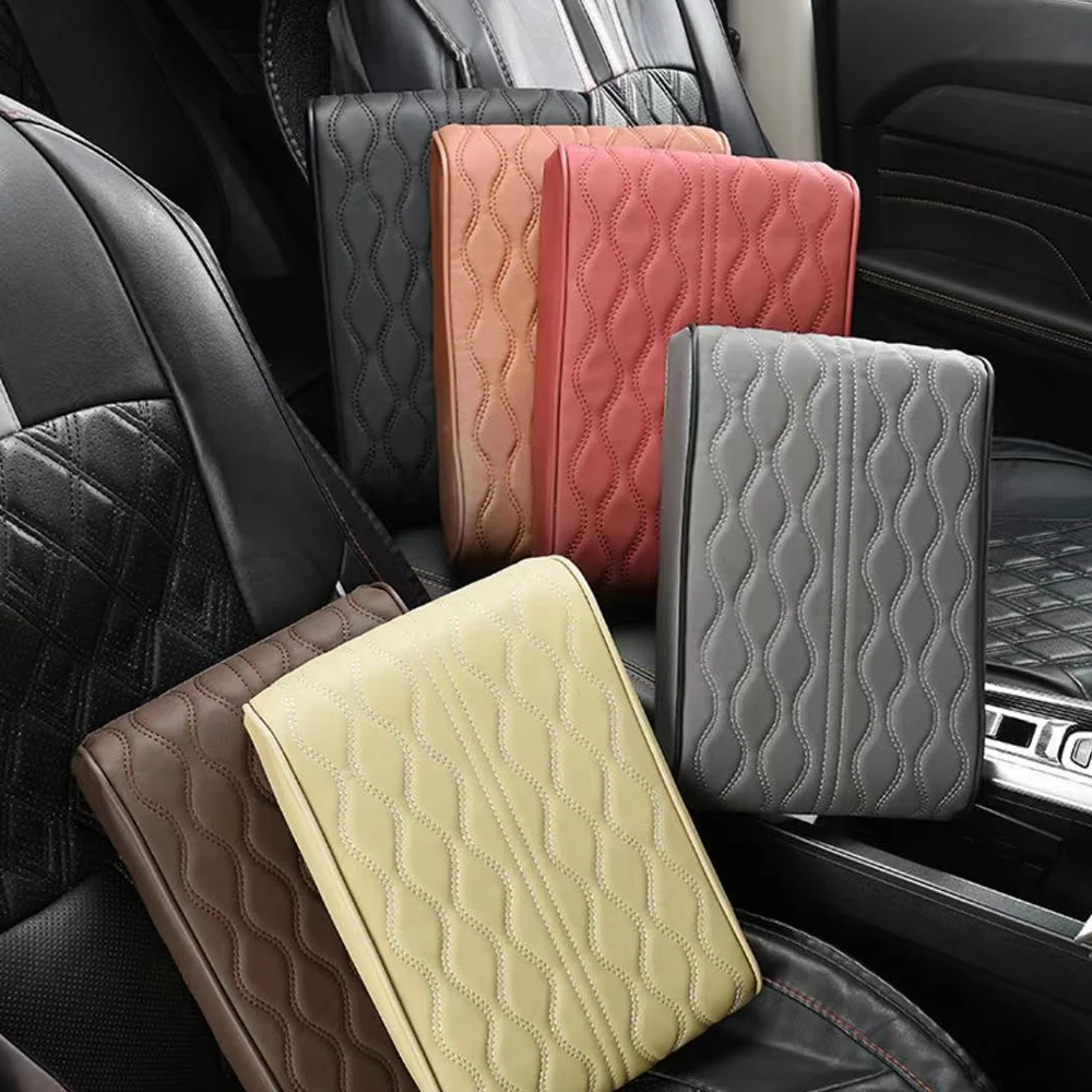 Alfombrilla para Reposabrazos de coche de cuero PU con bordado de ondas, cojín de protección para reposabrazos automático, cubierta de caja de almacenamiento, consola central