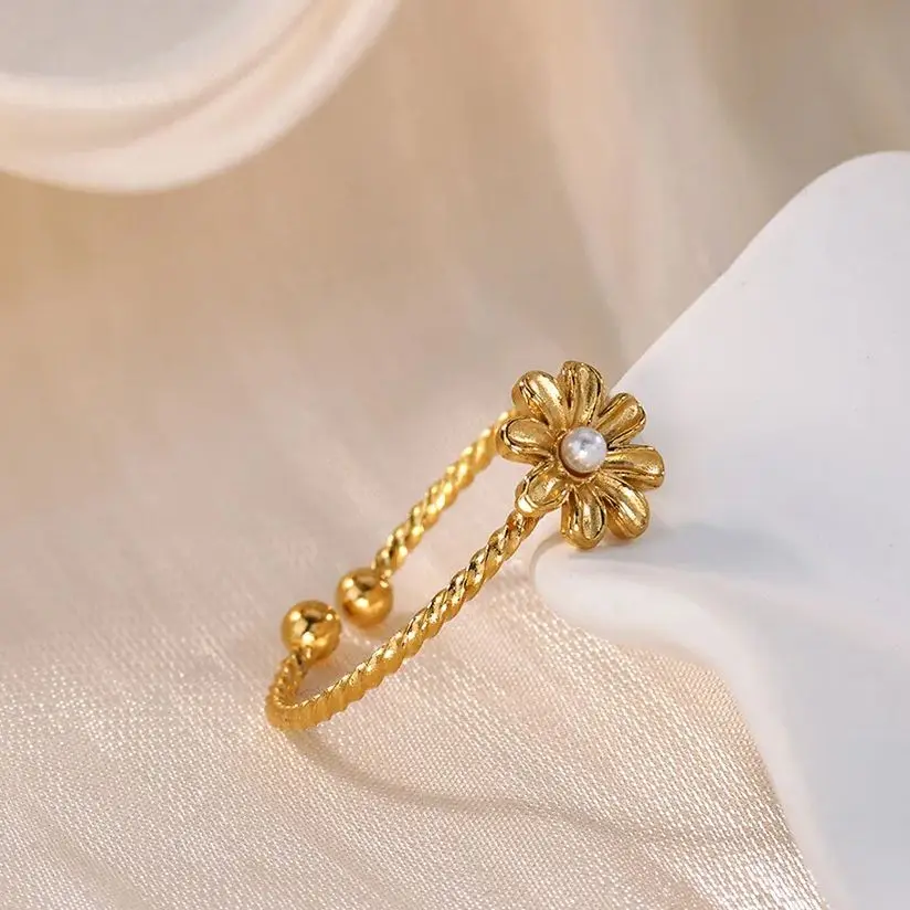 Sunflower Pearl Rings Women Gold Stainless Steel Adjustable Finger Ring