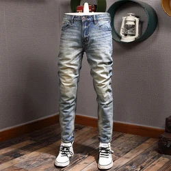 Italian Style Fashion Men Jeans High Quality Retro Wash Elastic Slim Fit Ripped Jeans Men Vintage Designer Denim Pants Hombre