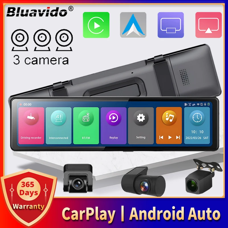 

3 CHs Dash Cam Car Mirror Carplay and Android Auto Wireless Miracast FHD 1080P Video Recorder WiFi Connection GPS Navigation DVR