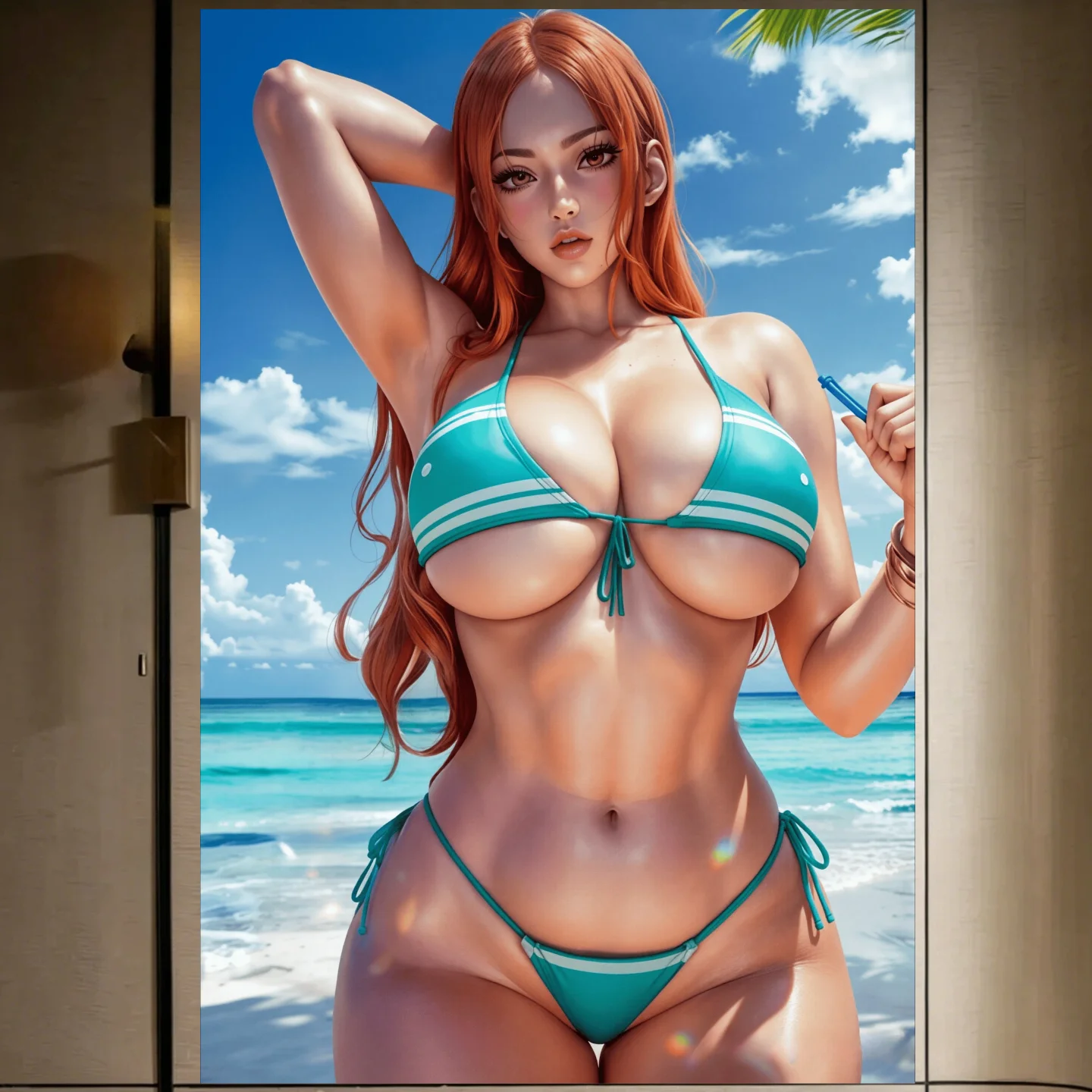 2D 레드 헤어 시안 스트라이프 수트 알루미늄 벽 장식 - 해변 스타일 패션 포..