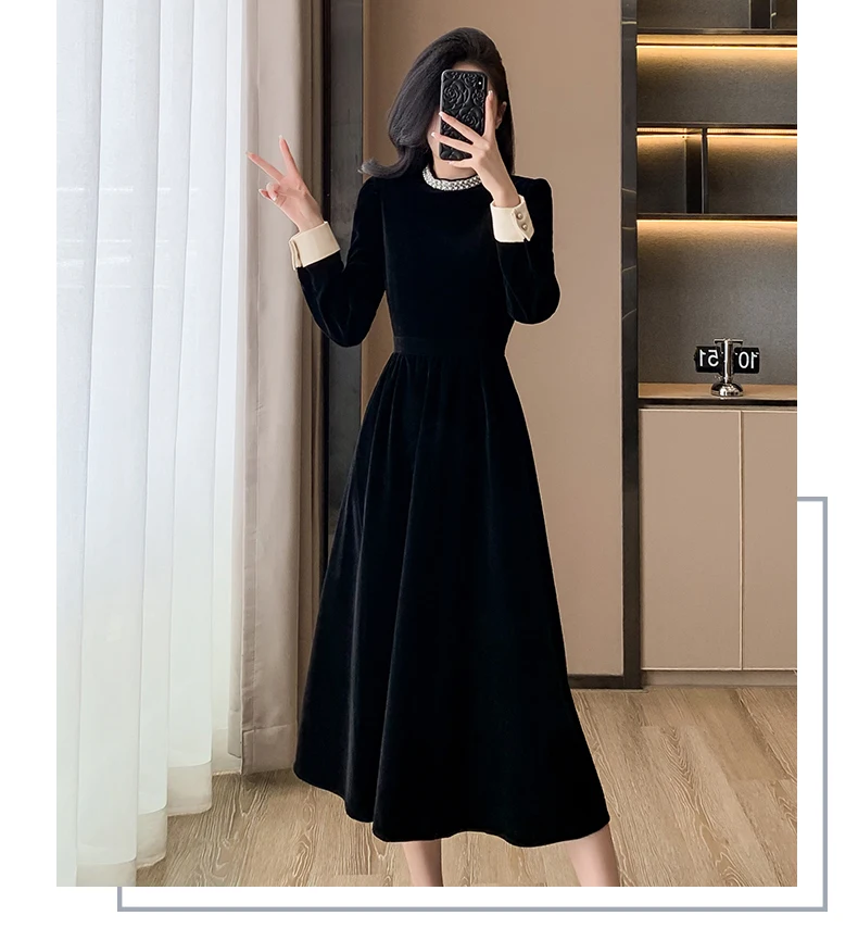 Mujer Primavera Verano Nuevo Elegante Terciopelo Patchwork Midi A Line Vestidos Oficina Dama Manga Larga Fiesta Moda Una Pieza Bata