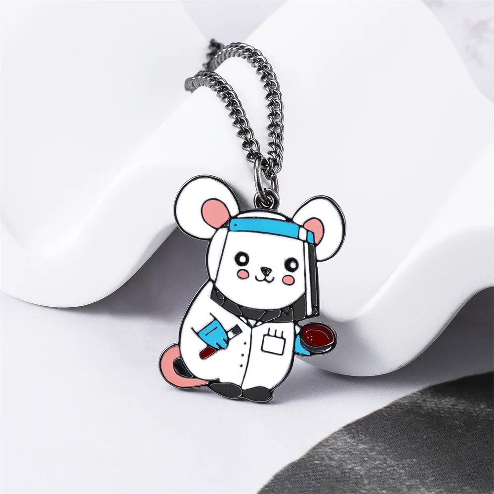 

Little White Mouse Scientist Enamel Pendant Fashion Cute Animal Chemical Series Necklace College Student Internship Gifts