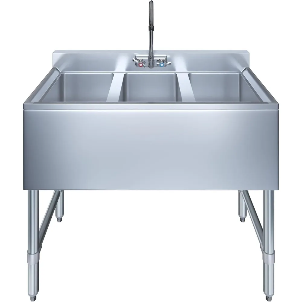 Stainless Steel Bar Sink (Sink Size: 38"x19" Three Bowl + Faucet) Kitchen Sinks Multifunction Fixture Home Improvement 4