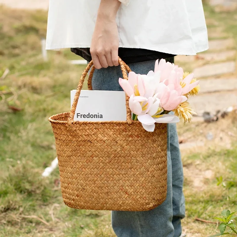 

Rattan Straw Handbag Women Summer Retro Eco Shopping Bag Handmade Weaving Hundred Vegetable Basket