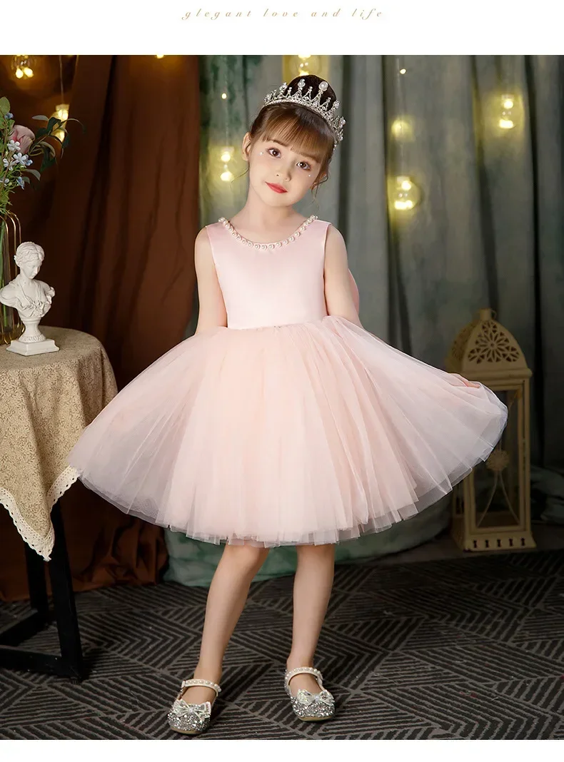 

Elegant Princess Child Flower Girl Dress Birthday Tulle Knee Length Bow Pearls Wedding Party Holy Communion Gown for Kids Baby