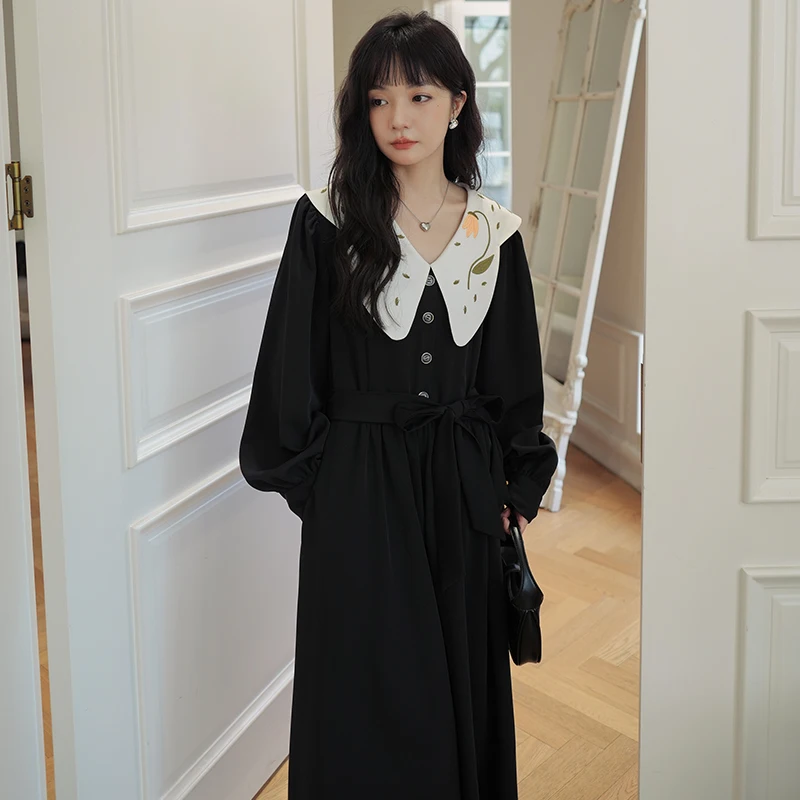 

Print Collar Spliced Long Sleeve Black Shirt Dress for Women 2023 Autumn New Elegant French Style Loose A-line Maxi Dresses 2906