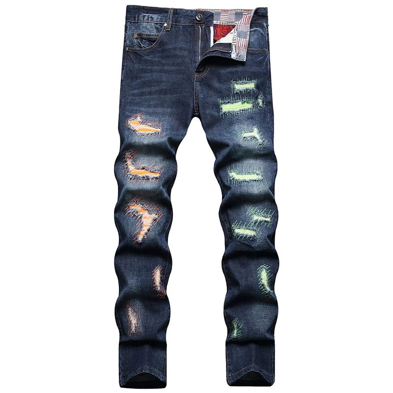 

Men's Patchwork Ripped Jeans Trendy Holes Patches Slim Straight Hip Hop Denim Pants Men Streetwear Trousers Jean Homme