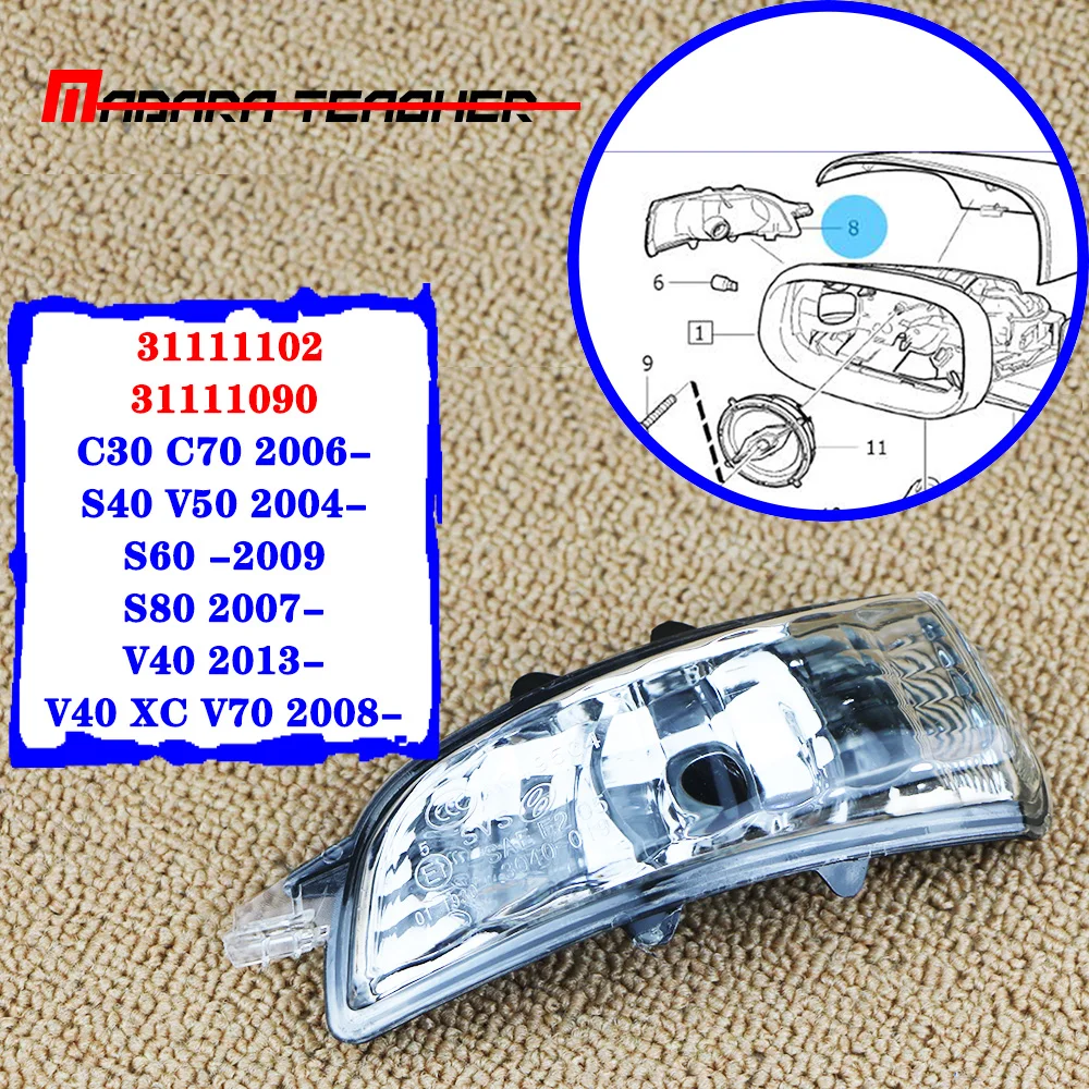 

For Volvo S40 S60 S80 C30 C70 V50 V70 Left&Right Side Wing Mirror Indicator Turn Signal Light Lamp Lens 31111102,31111090