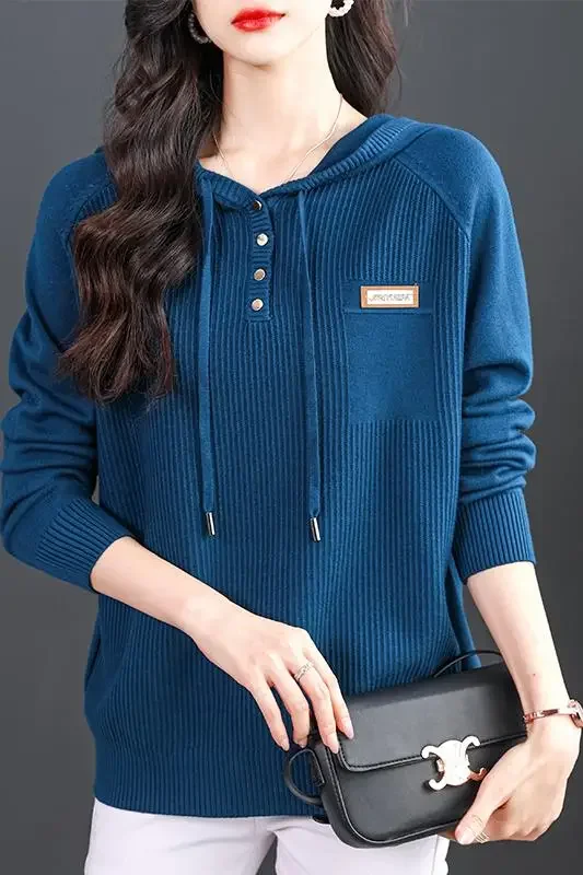 Autumn/winter drawstring hooded button-knit sweater sticker label, fake pockets loose casual long sleeve pit strip sweatshirt