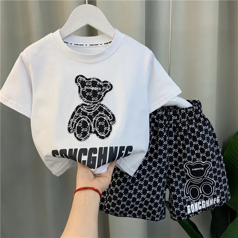 

Summer Boys Bear Print Suit Cotton Short-Sleeved Top Ice Silk Shorts 2Pcs Set Soft Kids Outfits Children Tracksuits for 3-12Y