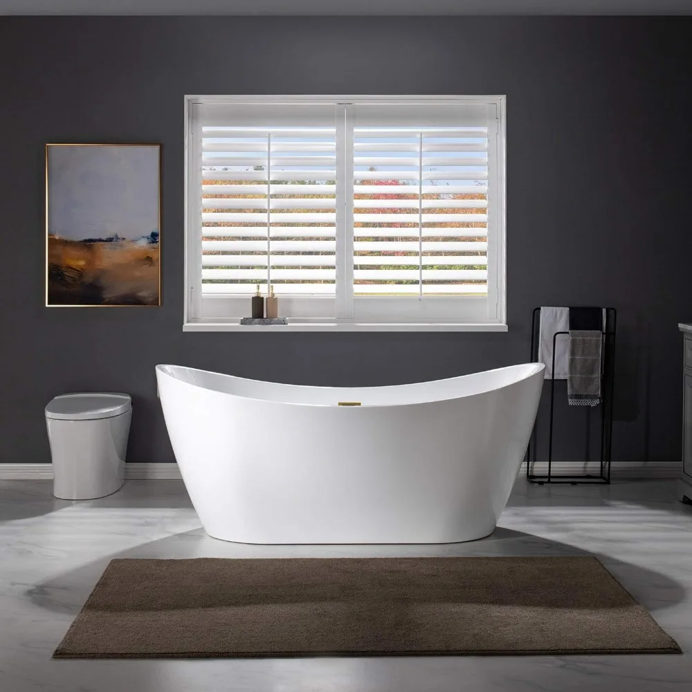 67" Acrylic Freestanding Bathtub Contemporary Soaking White Tub with Brushed Gold Overflow and Drain Easy clean easy maintenance 3