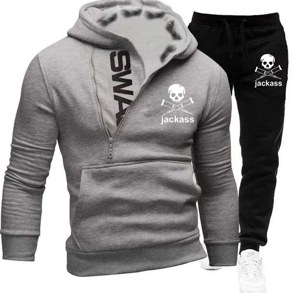 

2024 Suit New Jackass Forever Logo Printed Custom Made Men Zip Pullover Hoodie +Pants Casual Popular Man Sportswear Set Selling