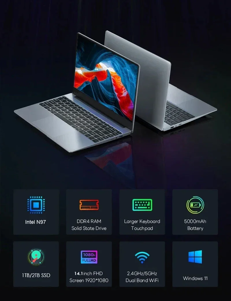 LENO 2025 NEW 14.1 inch Portable Laptop Intel N97 32GB 2TB Windows 11 Gaming Computer PC Gamer office Notebook 1920*1080 HD