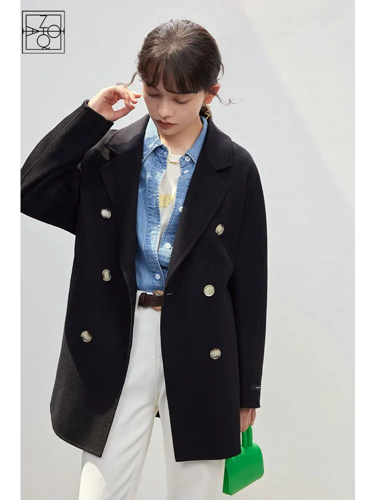 

ZIQIAO Commuter Style 100% Wool Double-sided Woolen Coat Winter 2022 High-quality Office Lady Solid Casual Woolen Suit Jackets