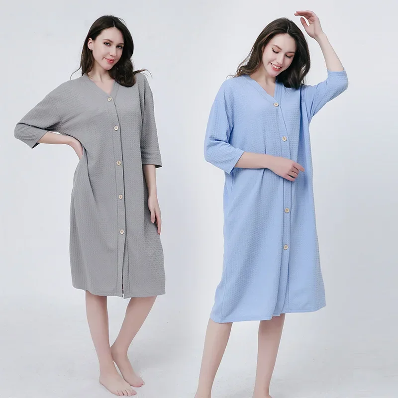 Women's Waffle Cardigan Bathrobe Absorbs Water Long Style Solid Color V-neck Pijama Mujer Multi Colors Couples' Bath Robes