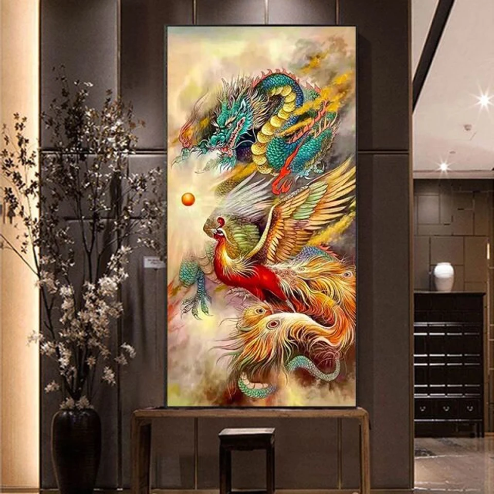 Instarry DIY 5D Diamond Painting Pintar con Diamantes Fénix Dorado Mural Pared Decor 80x40 cm