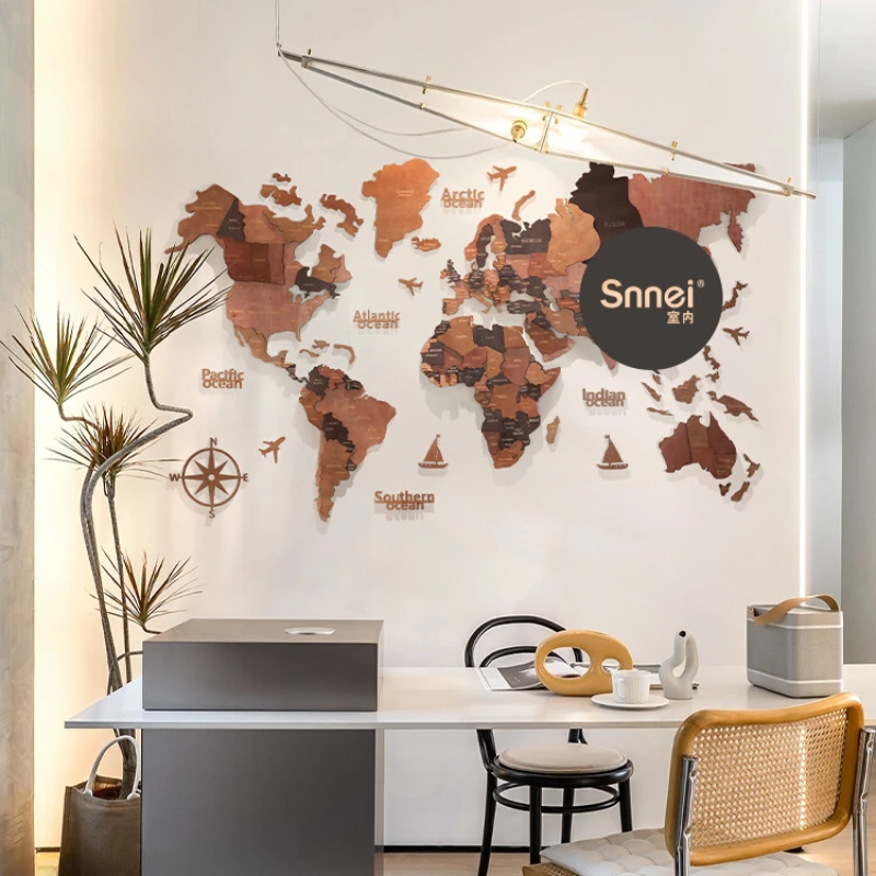 

3D Solid Wood Splicing World Map Wall Decoration, Three-Dimensional Crafts, Living Room Background, Office Pendant