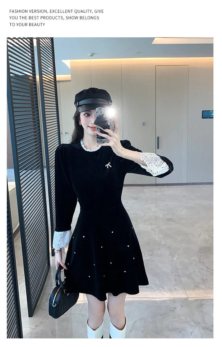 Woman Spring Summer New Elegant Velvet Mini A-line Dresses Long Sleeve Party Fashion One Piece Robe
