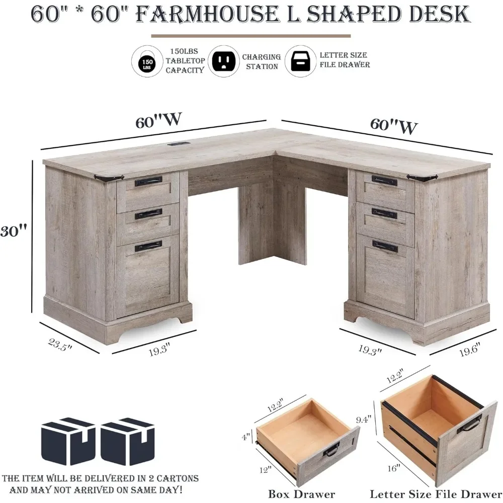 Office Furniture Desk Sets , 60Farmhouse L Shaped Executive Desk With Drawers Wood Home Office Cornenr With Charging Statio