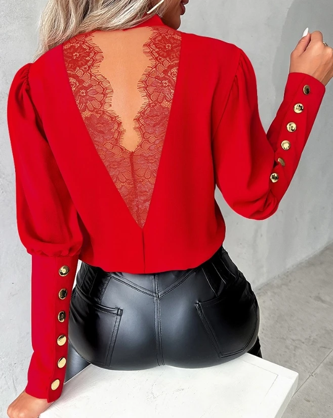 

Casual Top Women Clothing Buttoned Eyelash Lace Patch Women Top Spring Summer 2024 New Solid Slim Backless Long Sleeve Blouse