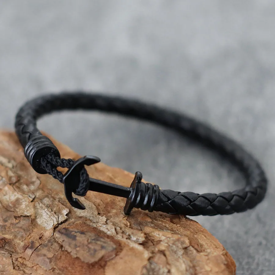 Men Leather Anchor Bracelet Black Punk Bangle