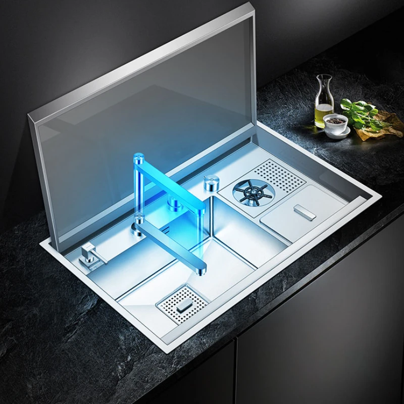 

Kitchen Sink 304 Stainless Steel Single Hidden Kitchen Sink with Cup washer Drain Basket And Pipe Lifting faucet