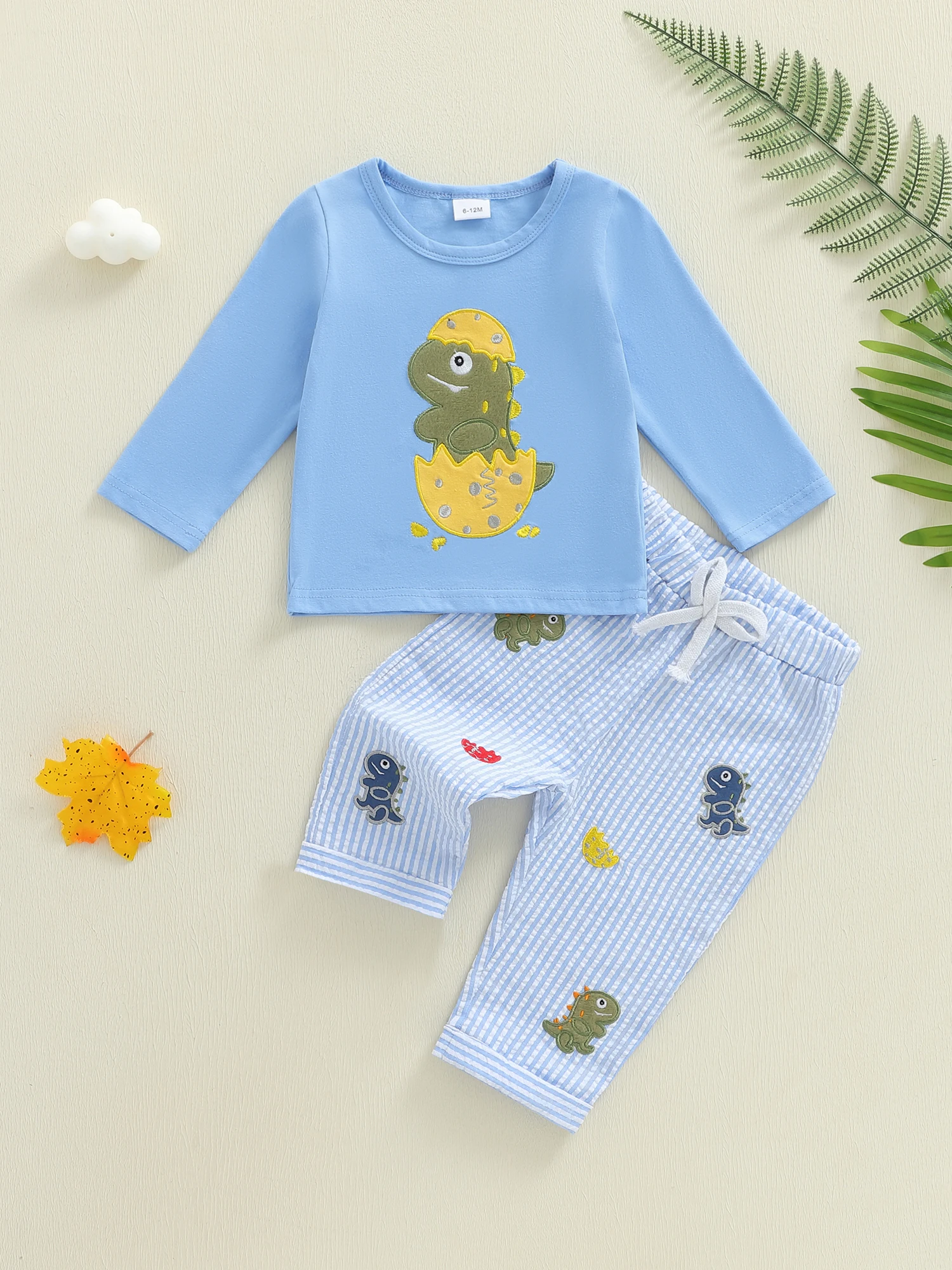 Cute Toddler Boy Autumn Clothes Dino Embroidery Sweater Striped Pants Set with Elastic Waistband for Playtime