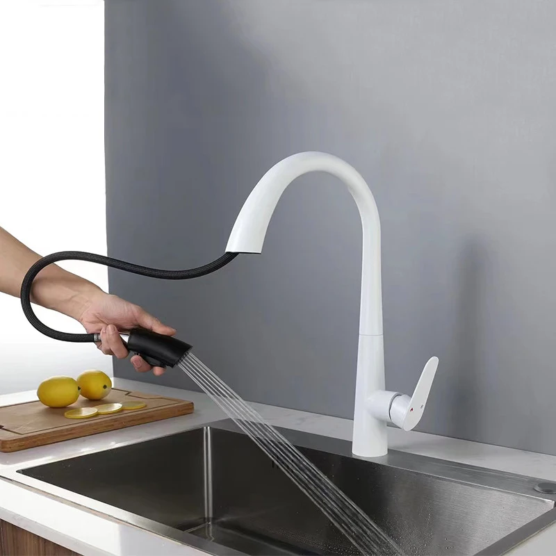 brass kitchen tap Gun Gray Pull-out Kitchen Faucet Hot And Cold Mixer Water Tap Kitchen Washbasin Sink Rotatable Retractable Black White Faucet ceramic kitchen sink Kitchen Fixtures