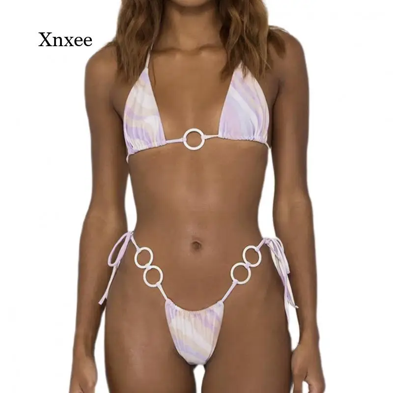 

Ring Lace Up Bikini High Waist Women Ties Halter Swimsuit Two Piece V Neck Top Bra Thong Swimwear for 2022 Summer Swimming Suit