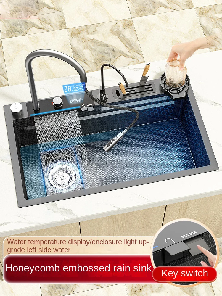 

Feiyu Waterfall Large Single Slot Nano 304 Stainless Steel Sink Kitchen Digital Display Manual Vegetable Washing Basin Left Side