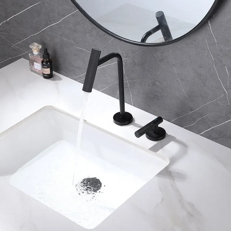 Description Picture 6 of itemGray Basin faucet Bathroom two holes Widespread Brushed Gold sink tap 360 rotating widespread Black