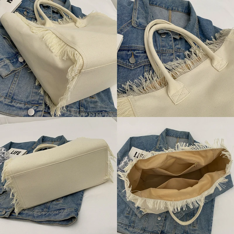 Chic Tassel Striped Canvas Beach Tote - Large Capacity Casual Shopping Bag
