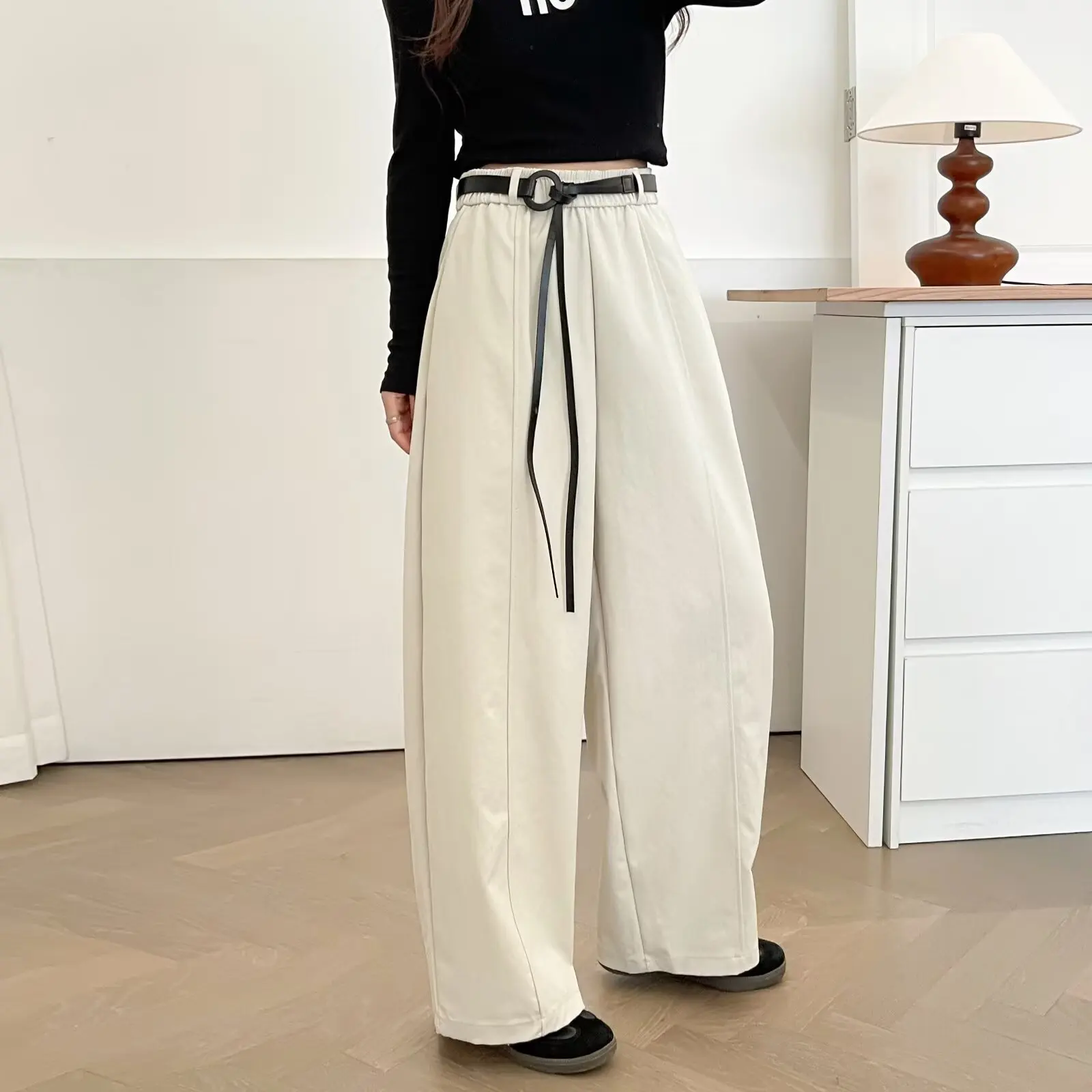 Plus Size Women's Wide Leg Pants 2025 Autumn New Style Stylish With Belt Solid Color Straight Trousers 2219