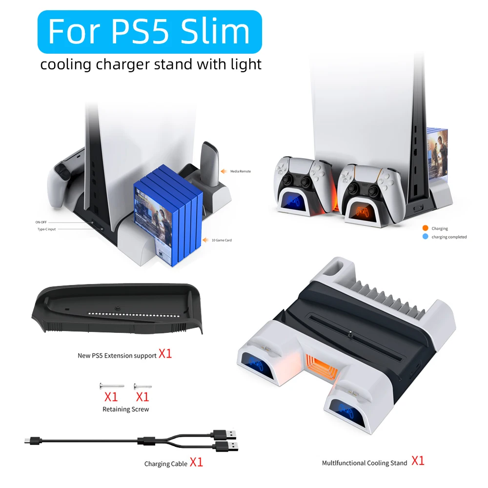

For PS5 Slim Multifunctional cooling charging base dock with charging light with disc storage rack for PS5 handle charging base