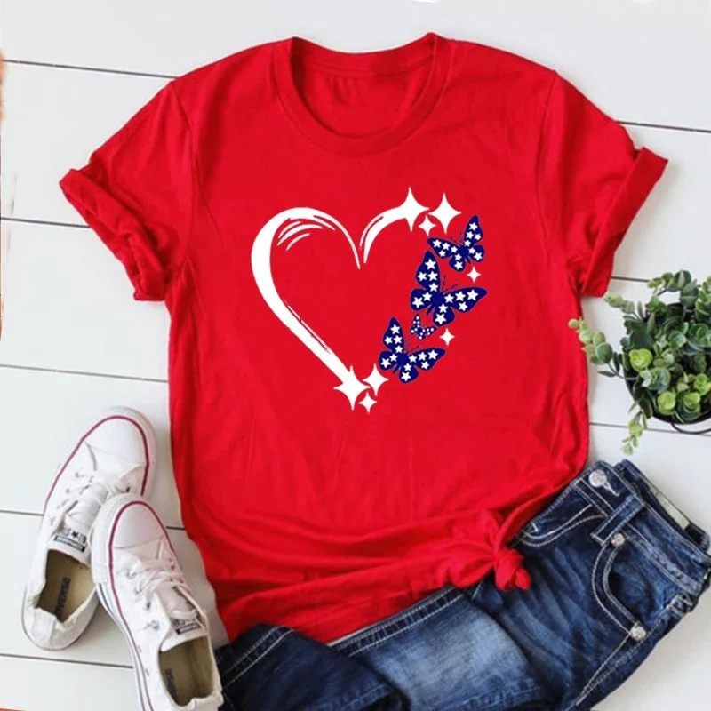 

USA Butterfly T Shirt Aesthetic 4th of July Independence Day Women Clothes America Heart Tops Freedom Day Shirts L