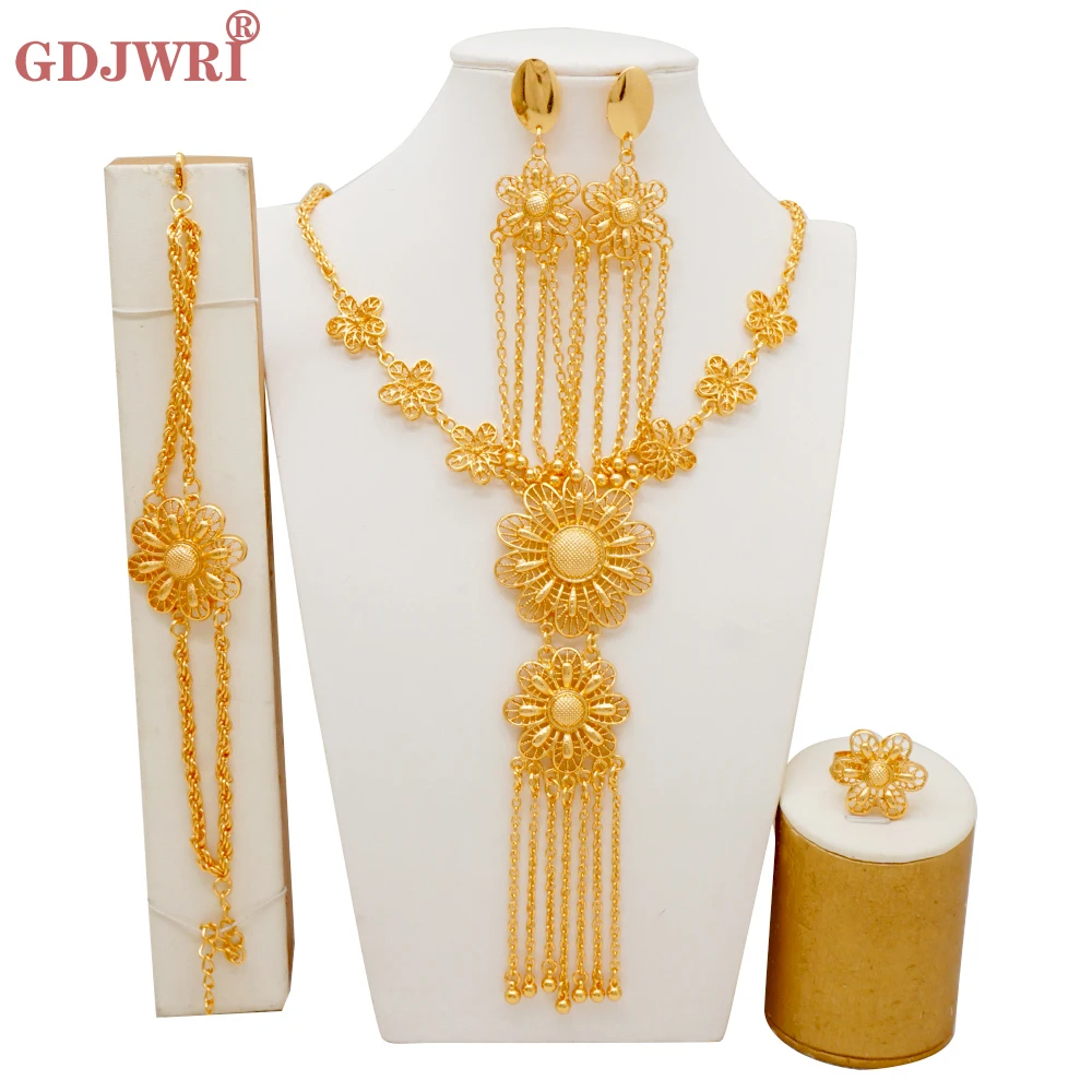 

Arabic Dubai Gold Color Tassle Flower Necklace Earrings Jewelry Set For Women Long Chain Ethiopian African Wedding Party Gift