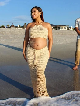 Boho Maternity Photography Crochet Set Beige Halter Top Maxi Skirt Beach Pregnancy Photoshoot Outfit Maternity Photo Dress