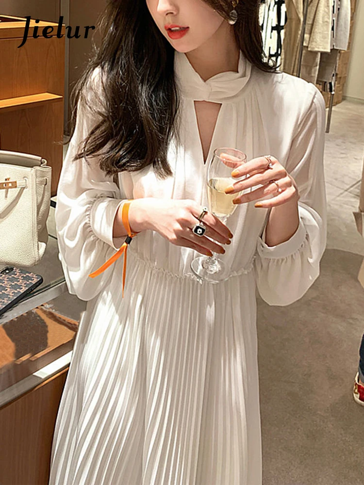 

Jielur Elegant Chiffon White Dress Women V-Neck Evening Party Midi Dress 2022 Spring Long Sleeve Office One Piece Dress Korean