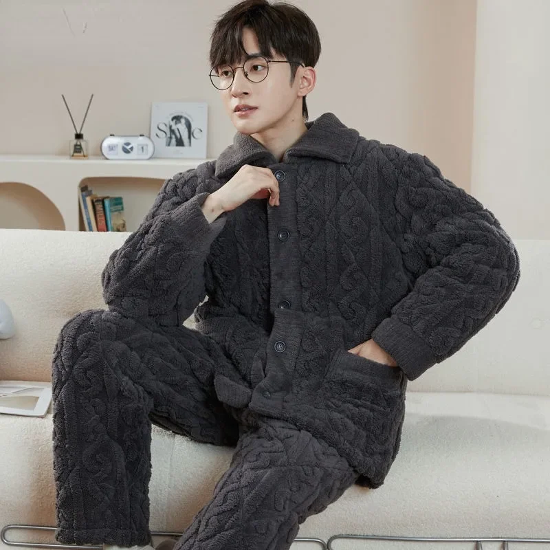2024 New Winter Men Three-layer Cotton Coral Velvet Pajamas Thickened Warm Nightwear Loose Loungewear Flannel V-neck Sleepwear